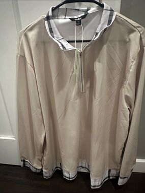 Men's Long-Sleeve Beige Shirt with Plaid Trim by Ouku